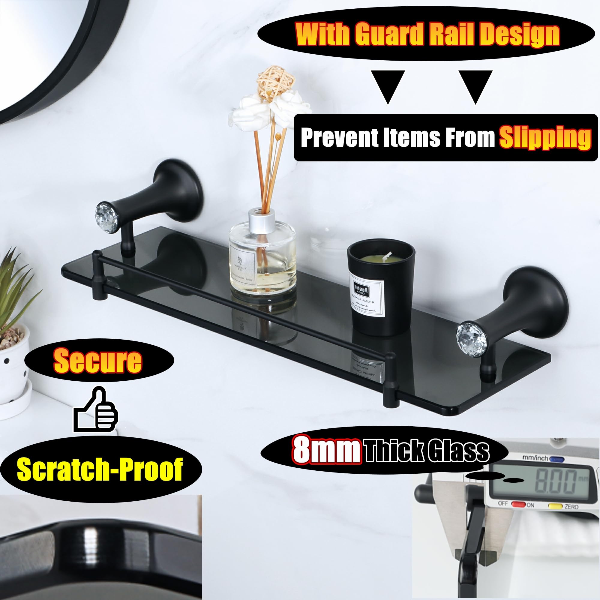 Alise Glass Shelf Bathroom Shelves With Guard Rail,Wall Mount Floating Shelves For Bathroom,Tempered Glass Shelves Rack Storage